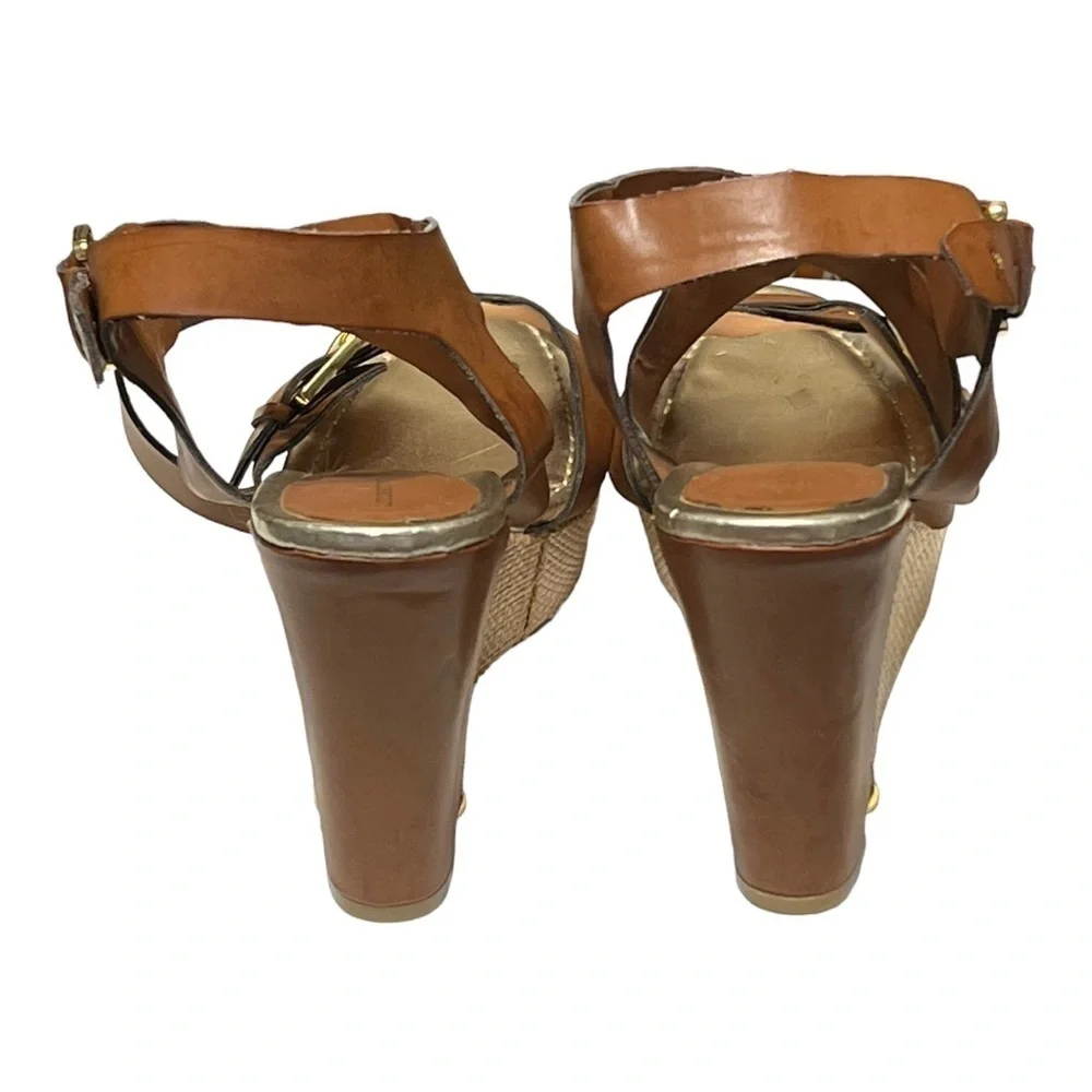 Liz Claiborne Woven Wedge Heel Faux Leather Crisscross Strap Platform Sandal 8.5
